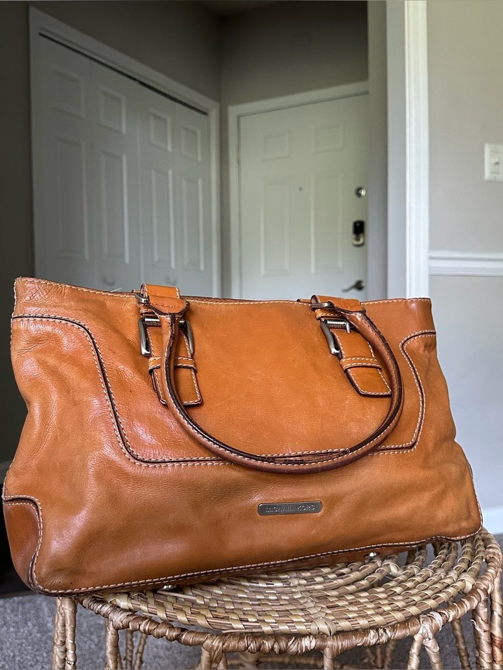 Vintage Michael Kors Cognac Leather Buckle-Accent Tote Hobo Shoulder Bag Purse